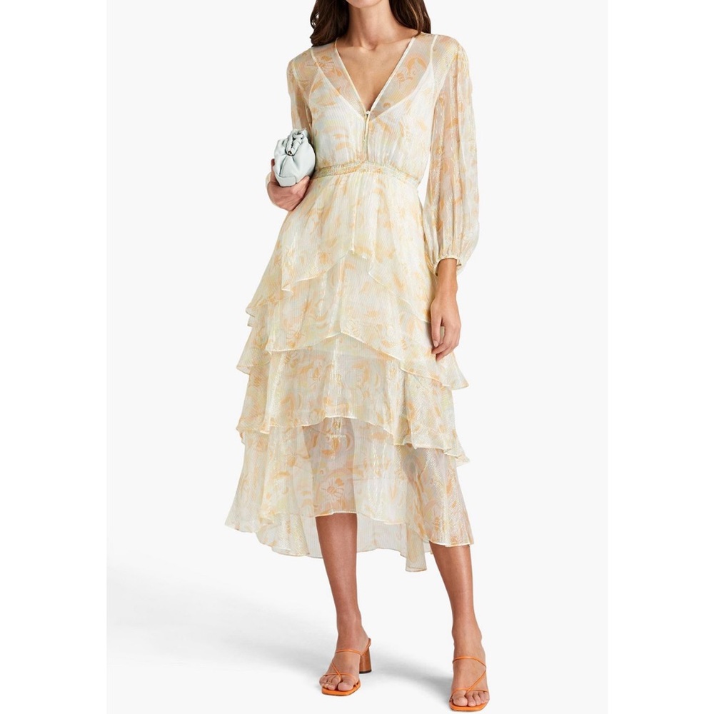 NWT Maje Tiered Silk Blend Organza Midi Dress in Pastel Yellow, Size 38/M